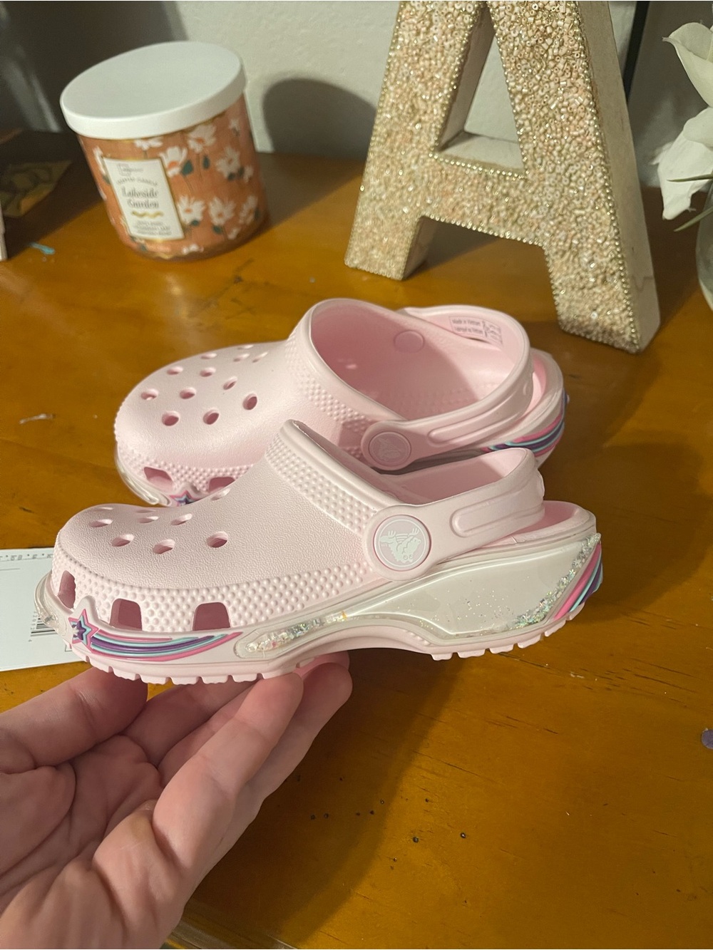 CROCS Kids Light Pink Glitter-Trim Clog Sandals with Rainbow Accent